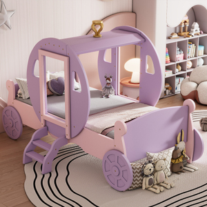 Moderna doppia dimensione viola + rosa principessa letto carrozza con corona, piattaforma di legno letto auto con scala - Product Image 1