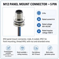 Conector de Panel M12 DIN Personalizado de 5 Pines, Macho, con Brida, Clasificación IP67, Contactos de Aleación de Cobre Chapados en Oro, Arnés de Cableado