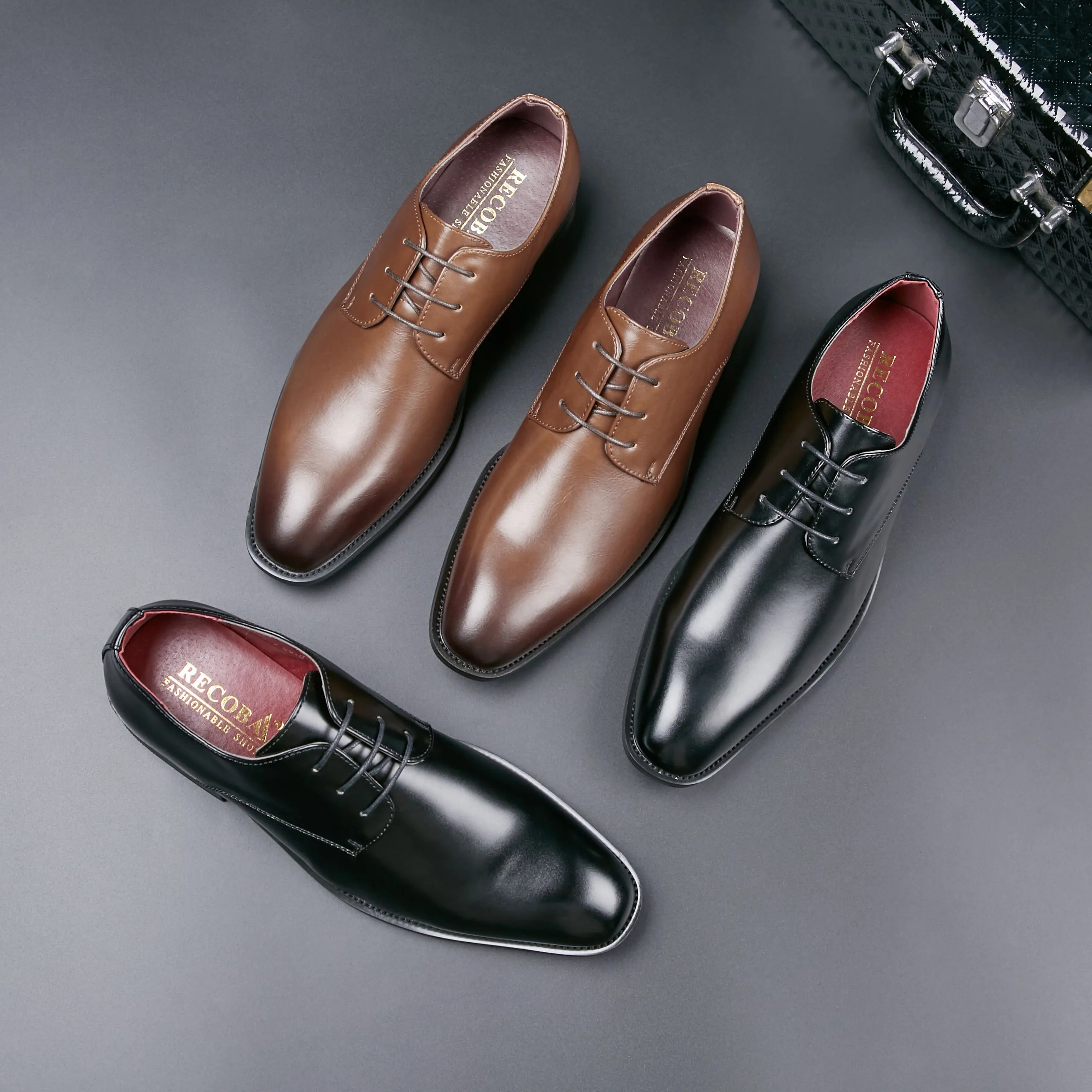 Sepatu kulit bisnis minimalis, pakaian formal kasual pria, sepatu pria, sepatu bertali, pakaian profesional, ujung lancip