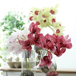 C2179คุณภาพสูง4หัวสีฟ้า Faux Real Touch ผ้าไหม Little ประดิษฐ์กล้วยไม้ Cymbidium ดอกไม้สำหรับงานแต่งงานตกแต่ง