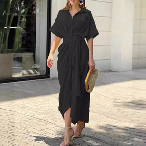 Robe longue décontractée pour femme, style chemise, à manches courtes, motif crocheté, col à boutons, corset cintré, style doux, été 2026 - Product Image 6