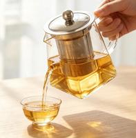 Service à thé classique en verre borosilicate à base carrée avec infuseur en acier inoxydable, chauffe-thé portable compatible et durable