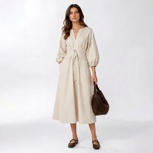 Robe longue minimaliste bohème en coton naturel écologique avec ceinture – Élégante, à manches courtes, unie et respirante pour femme - Product Image 1