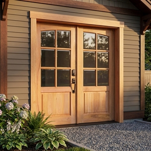 Porte d'entrée double en bois massif de style américain, avec un design cintrée et des panneaux de verre à 6 vitres, équipée d'une serrure intelligente. - Product Image 4