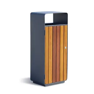 Commercial Park Waste Container Wooden Trash Cans Garbage Litter Bins Metal Trash Bin Outdoor With No Ashtray