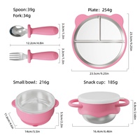 Ensemble de vaisselle pour enfants en acier inoxydable et silicone, avec assiette à compartiments à ventouse, fourchette, cuillère et tasse à collation, pour l'exportation
