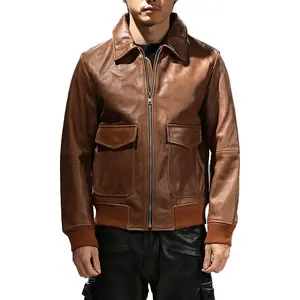 Factory Direct Sales Cheap Pilot fashion brown Bomber Motorcycle Red Cowhide Jacket Casual Men's Genuine Leather Clothing