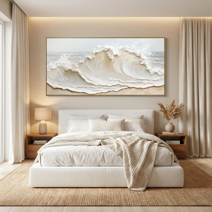 Wall Art Hand Painted on Beige White Canvas <b>Large</b> Nature Sea Scene Artwork for Living Room House Home Decoration Interior - Product Image 3