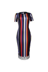 Robe de <span class=keywords><strong>soirée</strong></span> sexy à rayures et col rond avec franges pour <span class=keywords><strong>femme</strong></span>, collection printemps-été, mode féminine - Product Image 3