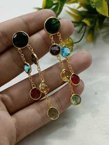 New Arrival Golden Different Different Colours Gemstones <b>Earrings</b> Set with <b>Chain</b> Design Ethnic <b>Earrings</b> - Product Image 2