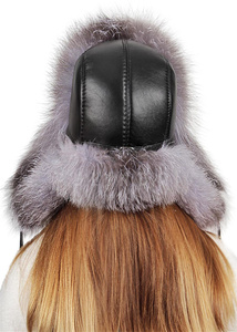 Sombrero de cazador de piel de zorro plateado con orejeras para mujer Topi <span class=keywords><strong>Ushanka</strong></span>, sombreros de bombardero soviético, gorra de cazador con parte superior de cuero - Product Image 5