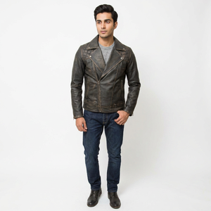 OEM Available Coated Stand Collar Vintage Style Genuine <b>Leather</b> Varsity <b>Jacket</b> for <b>Men</b> Breathable Comfortable Front Logo - Product Image 1