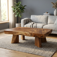 Table basse moderne carrée d'intérieur et d'extérieur en bois de Suar massif avec dalles épaisses meubles de salon certifiés FLEGT à bords vivants