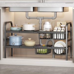 2-Tier Kitchen Metal Sink Organizer Adjustable Length Expendable Storage Tray Double Tiers <b>Standing</b> Type Holder - Product Image 2