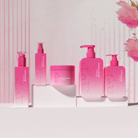 Nouvel ensemble de flacons en plastique HDPE rose gaufré de 120 ml, 250 ml pour savon liquide et gel douche, et flacon pompe de 300 ml pour shampoing et lotion, avec pot de 300 g pour gommage corporel