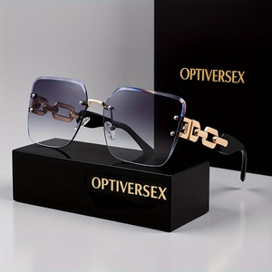 1 par de <span class=keywords><strong>gafas</strong></span> de mujer cuadradas de lujo y a la moda - Lentes degradados extragrandes, montura con <span class=keywords><strong>cadena</strong></span> de metal dorado, varios colores - Product Image 3