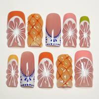 Op maat gemaakte pastelkleurige fruit-thema opzetnagels met 3D reliëfdesign, herbruikbare kunstnagels voor groothandel