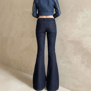 <span class=keywords><strong>Jeans</strong></span> Svasati a <span class=keywords><strong>Vita</strong></span> <span class=keywords><strong>Bassa</strong></span> Stile Y2K, Casual ed Eleganti, Vestibilità <span class=keywords><strong>Skinny</strong></span>, Blu Scuro, in Denim Elasticizzato, Semplici con Effetto Usurato, per l'Autunno - Product Image 4