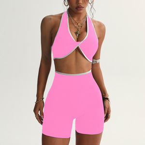 Phụ Nữ Halter Áo Ngực + Scrunch Mông Quần Short Tương Phản Yoga Bộ Phòng Tập Thể Dục Tập Thể Dục Activewear Workout Chạy Quần Áo Liền Mạch Thể Thao - Product Image 6