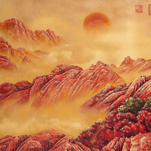 Le <span class=keywords><strong>soleil</strong></span> rouge est au zénith, art mural en laiton, grand décor mural <span class=keywords><strong>original</strong></span> dans un cadre à mortaise et tenon pour le salon et l'entrée - Product Image 6