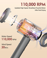 Sèche-cheveux professionnel à air chaud à ions négatifs, 1200W, 110 000 tr/min, haute vitesse, en plastique, avec diffuseur et écran LCD, pour salon et hôtel