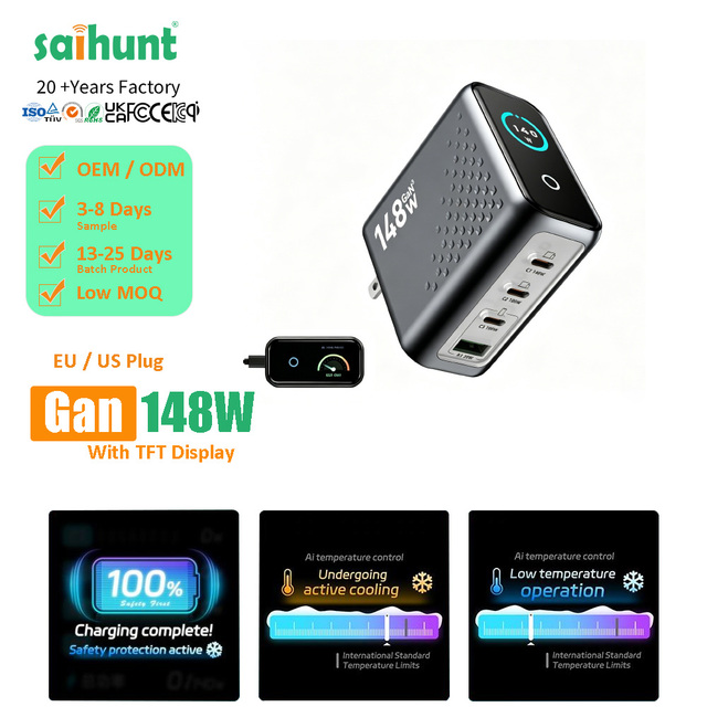 Factory Wholesale 148W GaN Charger with PD3.1 Fast Charging 4 Port Desktop Station AI Smart Display for Phone Laptop US Adapter