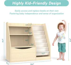 2 Tier Kids Bookshelf and <b>Book</b> Storage Organizer Wooden Toddler Sling Bookcase with Storage Boxes for Nursery Playroom Bedroom - Product Image 6
