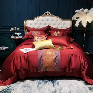 Lãng Mạn Màu Đỏ Ai Cập Bông Dành Cho Người Lớn Comforter Bìa Sang Trọng Nữ Hoàng Kích Thước Động Vật Vàng Jacquard Duvet Bìa Bộ Đồ Giường Đặt Bán Buôn