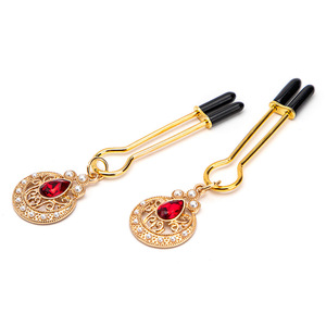 Pinces à tétons en perles pour adultes, en métal doré et argenté avec pierre précieuse rouge, pour stimulation et chatouilles des couples, jouet sexuel - Product Image 2