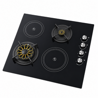 Table de cuisson hybride GPL et électrique avec 2 brûleurs et 2 plaques chauffantes électriques, surface en verre, pour usage domestique et en camping-car