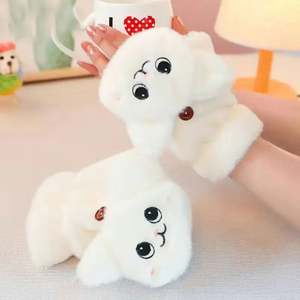 I-0234 Gants en peluche mignons style dessin animé pour automne/hiver, épais, style uni, compatibles écran tactile, pour usage quotidien, décontracté, extérieur, étudiant, écriture, design à rabat - Product Image 4