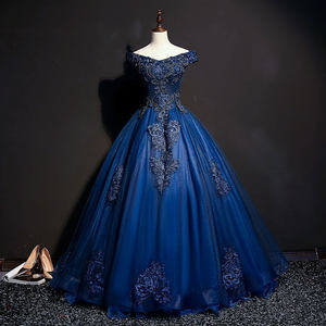 Off-Shoulder Navy Blue Ball Gown Evening Dress With Embroidery Empire Waistline Elegant Performance Costume - Product Image 1