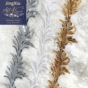 Ruban de dentelle brodé en plumes et feuilles d'argent et d'or pour robe, vêtement, bricolage, couture, décoration, accessoire, fourniture, matériau - Product Image 2