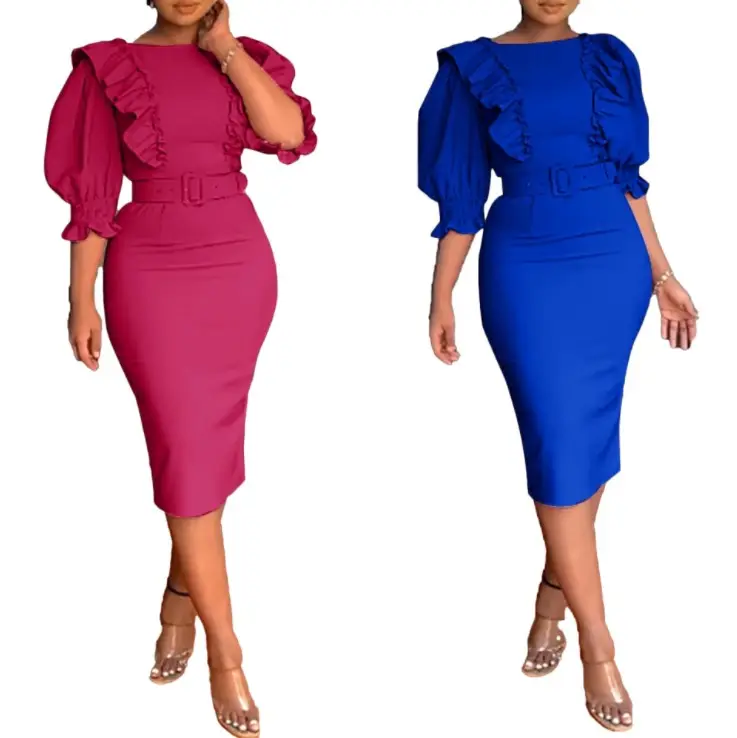 2021 wholesale Fashion Ladies Ruffled Sleeve Bodycon Office Business Career Dress With Belt