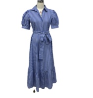 Robe chemise à manches bouffantes à col rabattu et à taille nouée pour femmes