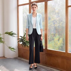 Women's Light Blue Blazer 3/4 Sleeve Solid Color Breathable Polyester Summer Casual Elegant Style Mid Sleeve Suit Jacket - Product Image 1