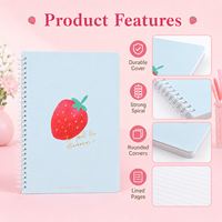 Carnet à spirale personnalisé avec couverture imprimée fraise mignonne, 3 couleurs (rose, bleu, blanc), OEM ODM, faible MOQ, vente en gros, cadeau scolaire
