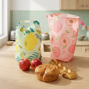 Sacs de rangement pour aliments à cordon de serrage, motifs citron et pêche, sacs à lunch écologiques en tissu non tissé - Product Image 1