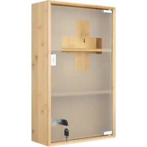 Armoire à médicaments murale en bambou naturel à 3 niveaux avec serrure et porte en verre de sécurité - Product Image 1