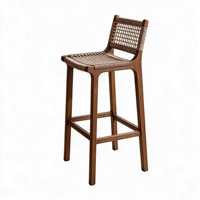 Tabourets de bar vintage modernes en bois massif avec corde tressée, sans accoudoirs, avec repose-pieds, pour îlot de cuisine, comptoir, bar à domicile, café, hôtel, restaurant
