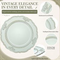 Assiettes de présentation vert sauge de 13 pouces en gros, sous-assiettes en plastique PP à motif floral gaufré vintage pour la décoration de mariages, banquets et fêtes (vente en gros)