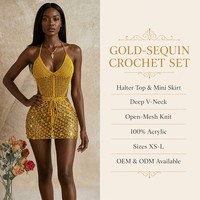 Robe mini en crochet pour femme, style halter, ajourée, robe de plage, taille à cordon, jaune moutarde