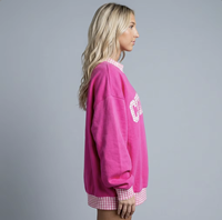 Sweat-shirt à capuche ample et décontracté pour femme, personnalisé avec impression de lettres, en molleton bouclette, avec empiècements à carreaux vichy sur le col, les poignets et le bas, vente en gros