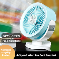 Ventilador de Escritorio AntarcChill con Luz Nocturna, 4 Velocidades, Recargable, Circulador de Aire, Montaje en Pared de 360 Grados, Ventilador con Batería Extraíble