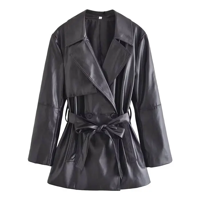 WT3872 New 2023 Wholesale Black Color Long Sleeve Belt Slim Waist Notched Neck Trench Jacket Women PU Leather Coat 9