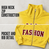 Sweat-shirt zippé en chenille jaune 100% coton 450GSM RAMAX avec patch et motif graphique lettres universitaires, coupe oversize, streetwear uni pour homme, personnalisable