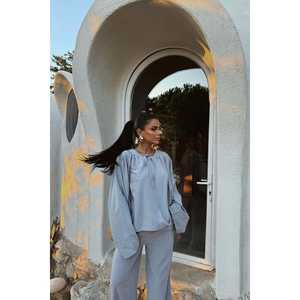 Ensemble en lin bleu Rozi 2 pièces avec logo personnalisable, coupe ample, tenue pour femme, pantalon large et haut, automne, taille XS à XL - Product Image 2