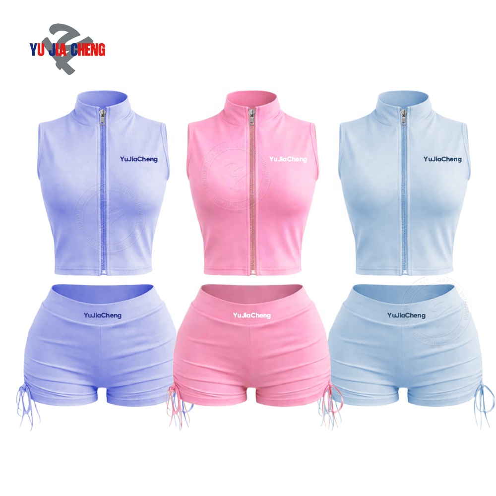 Custom Fitness Activewear 2 Piece Zip Up Sleeveless Yoga Top And High Waist Legging Shorts Set Summer Athletic Workout Outfits