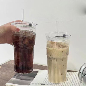 Vaso de Vidrio Hongfei de 600 ml de Gran Capacidad, con Rayas, Resistente a Altas Temperaturas, Tapa Transparente, Pajita, para Café, Jugo, Personalizable - Product Image 4