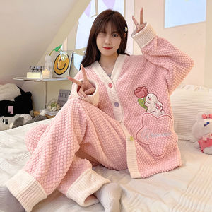 Pyjama dessin animé en velours rose pour filles automne et hiver avec velours et ensemble épais nouveau vêtement de maison chaud en flanelle - Product Image 4